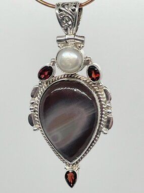 Brown Purple Agate Pendant with Biwa Pearl and Garnets in Silver